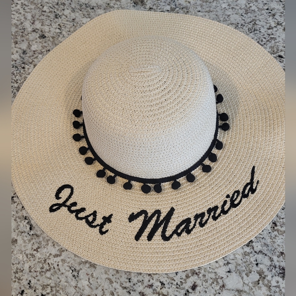 Just Married Straw Sun Hat with Black Pom Pom Trim.  Like New. Honeymoon